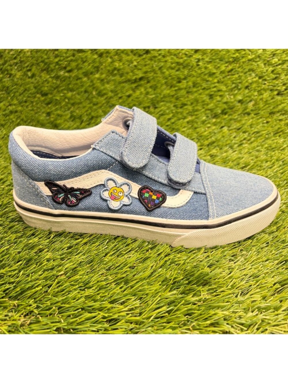 Vans Old Skool V Boys Size 2.5Y Denim Blue White Athletic Skate Shoes Sneakers